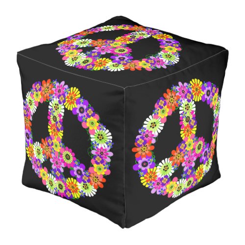 Peace Sign Floral on Black Pouf