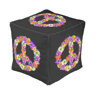 Peace Sign Floral on Black Pouf