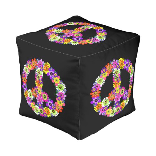 Peace Sign Floral on Black Pouf