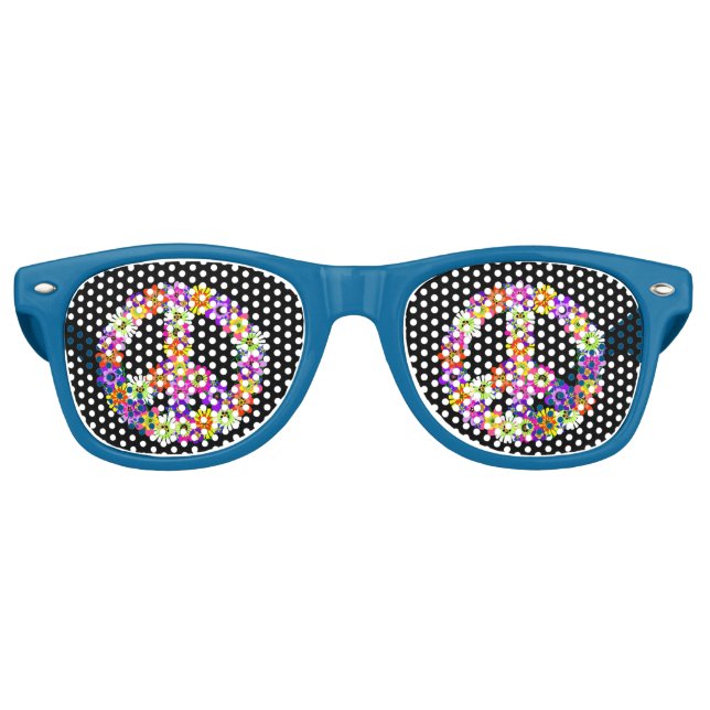 Peace Sign Floral on Black Retro Sunglasses (Front)