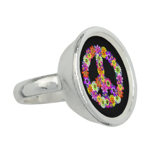 Peace Sign Floral on Black Ring