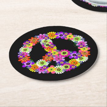 Peace Sign Floral On Black Round Paper Coaster by Mistflower at Zazzle