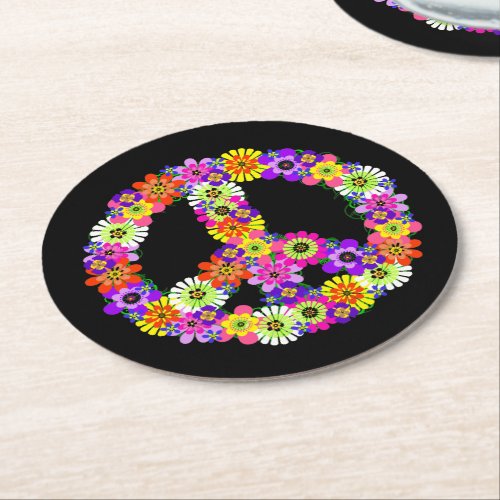 Peace Sign Floral on Black Round Paper Coaster