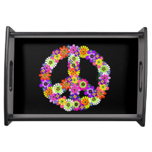 Peace Sign Floral on Black Serving Tray
