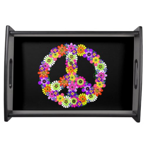 Peace Sign Floral on Black Serving Tray