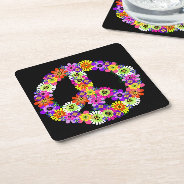 Peace Sign Floral on Black Square Paper Coaster (Angled)