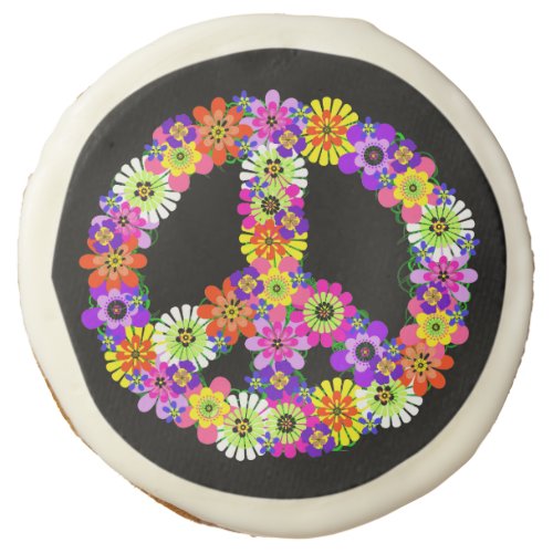 Peace Sign Floral on Black Sugar Cookie