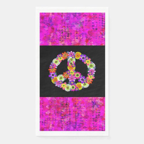 Peace Sign Floral on Black with Petals Paper Guest Towels