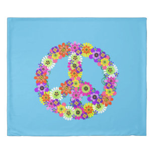 Peace Sign Floral on Blue Duvet Cover