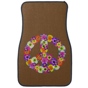 Peace Sign Floral on Brown Car Mat