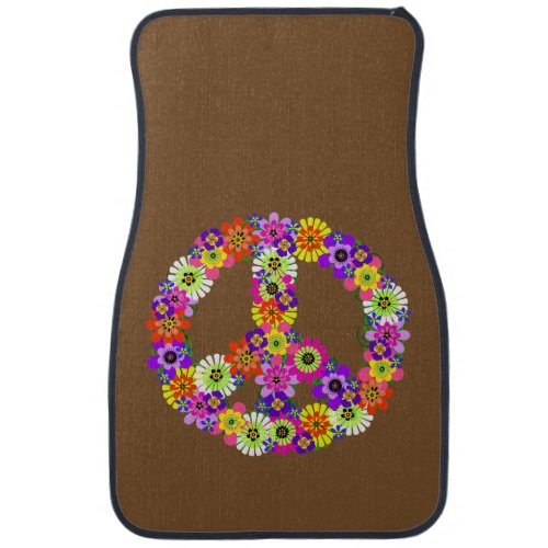 Peace Sign Floral on Brown Car Mat