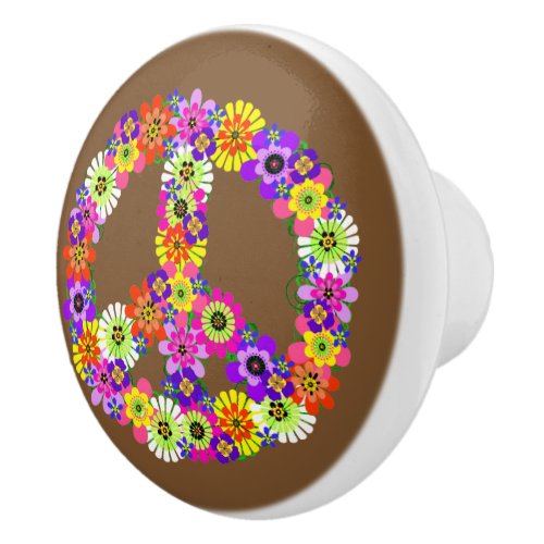 Peace Sign Floral on Brown Ceramic Knob