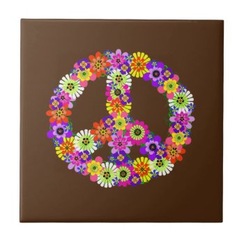 Peace Sign Floral On Brown Ceramic Tile by Mistflower at Zazzle