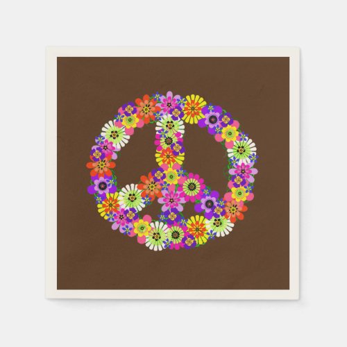 Peace Sign Floral on Brown Napkins