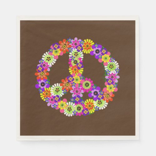 Peace Sign Floral on Brown Napkins