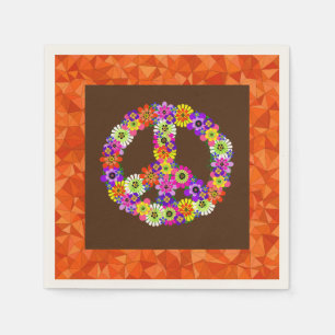 Peace Sign Floral on Brown with Orange Napkins