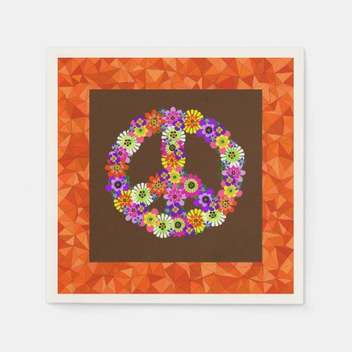 Peace Sign Floral on Brown with Orange Napkins