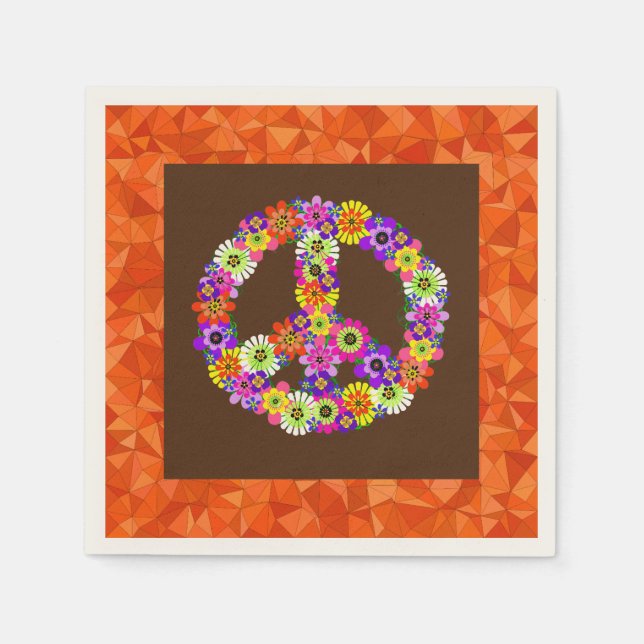 Peace Sign Floral on Brown with Orange Napkins (Front)