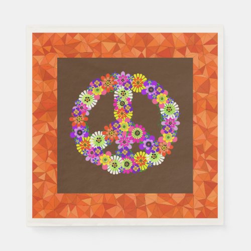 Peace Sign Floral on Brown with Orange Napkins