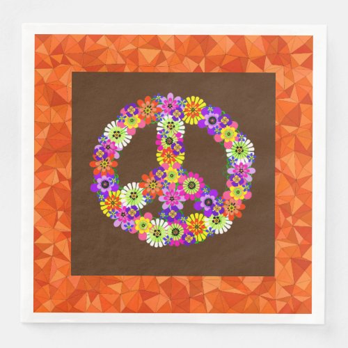 Peace Sign Floral on Brown with Orange Paper Dinner Napkins