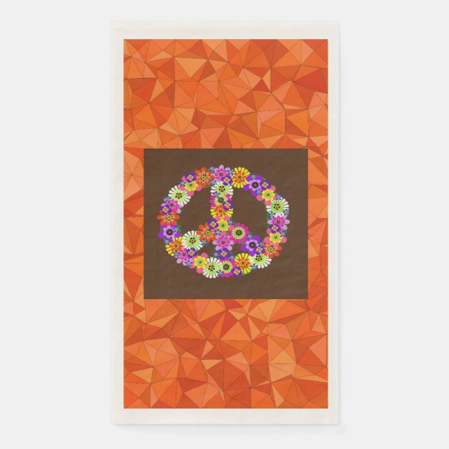 Peace Sign Floral on Brown with Orange Paper Guest Towels (Front)