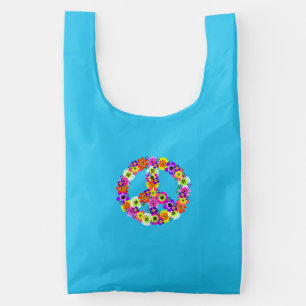Peace Sign Floral on deep aqua Reusable Bag