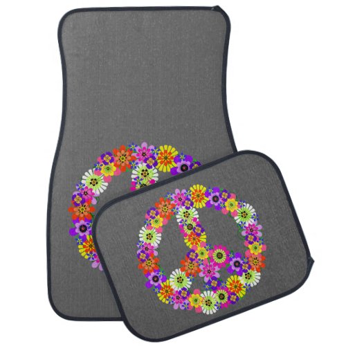 Peace Sign Floral on Gray Car Mat