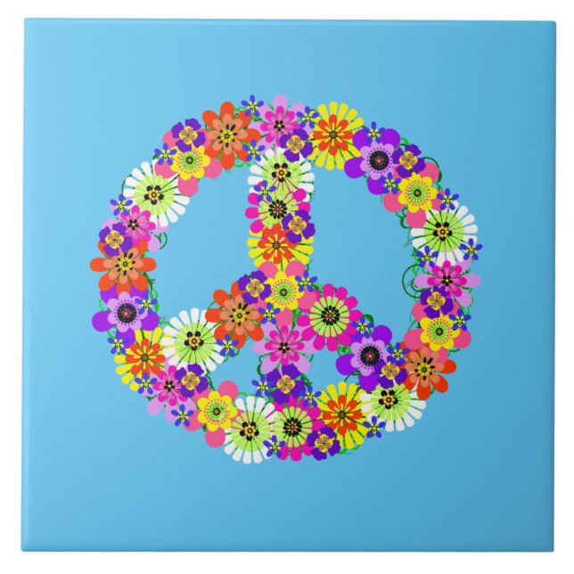 Peace Sign Floral on Light Blue Ceramic Tile (Front)