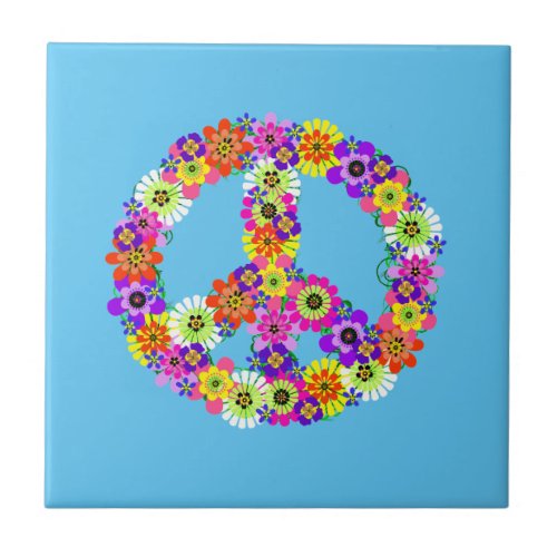 Peace Sign Floral on Light Blue Ceramic Tile