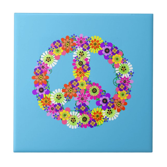 Peace Sign Floral on Light Blue Ceramic Tile (Front)