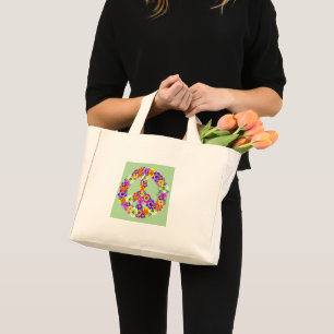 Peace Sign Floral on Light Green Mini Tote Bag