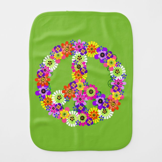 Peace Sign Floral on Lime Green Baby Burp Cloth (Front)