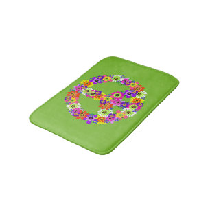 Peace Sign Floral on Lime Green Bathroom Mat