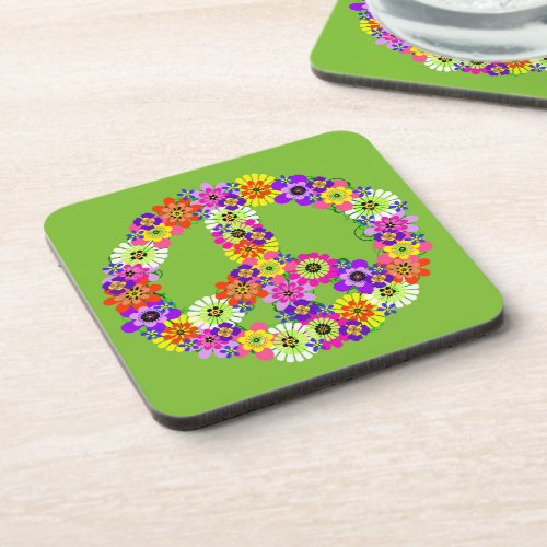 Peace Sign Floral on Lime Green Beverage Coaster