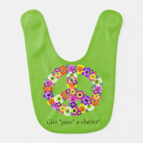 Peace Sign Floral on Lime Green Bib
