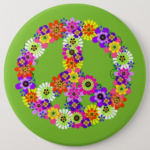Peace Sign Floral on Lime Green Button