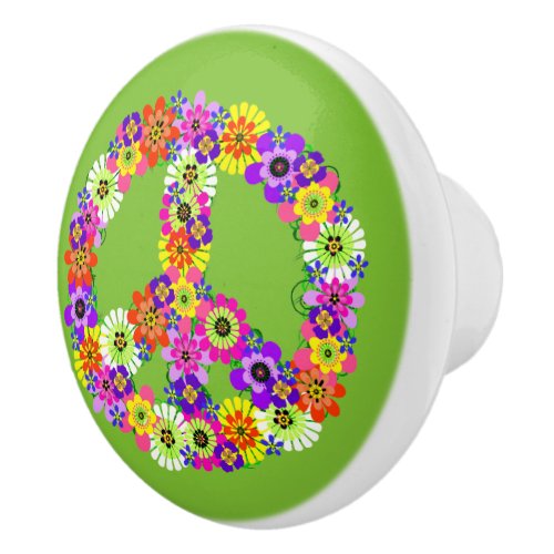 Peace Sign Floral on Lime Green Ceramic Knob