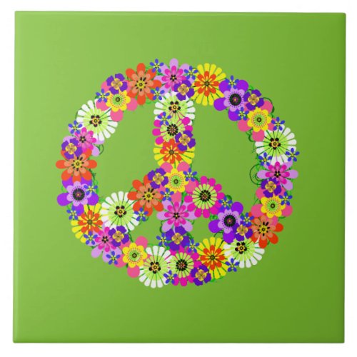 Peace Sign Floral on Lime Green Ceramic Tile