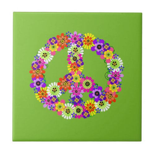 Peace Sign Floral on Lime Green Ceramic Tile