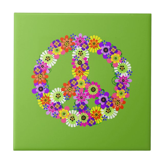 Peace Sign Floral on Lime Green Ceramic Tile (Front)