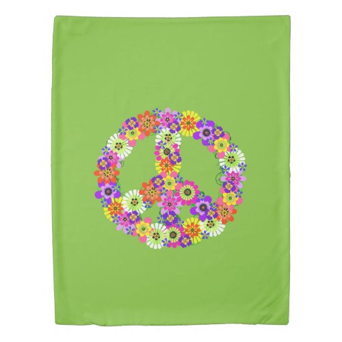 Peace Sign Floral on Lime Green Duvet Cover