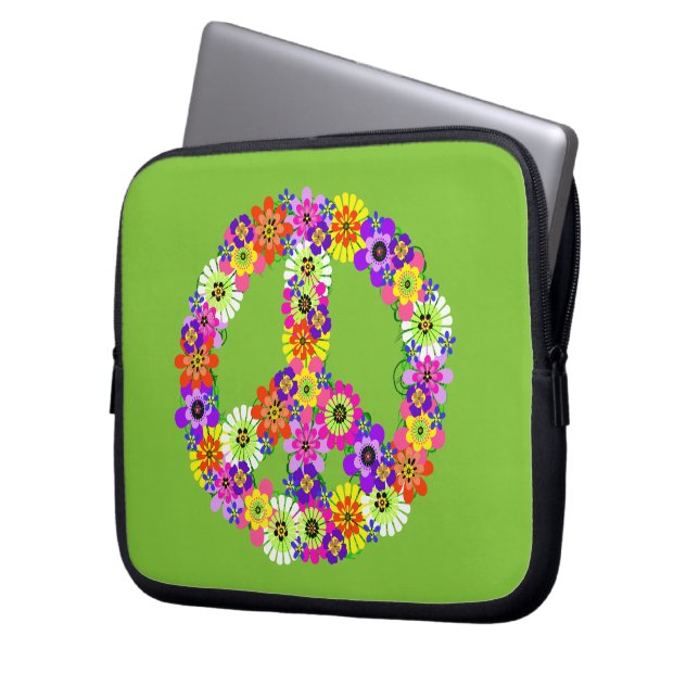 Peace Sign Floral on Lime Green Laptop Sleeve (Front Left)
