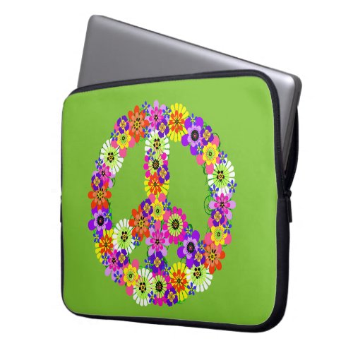 Peace Sign Floral on Lime Green Laptop Sleeve