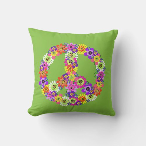 Peace Sign Floral on Lime Green Outdoor Pillow