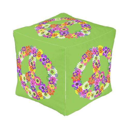 Peace Sign Floral on Lime Green Outdoor Pouf