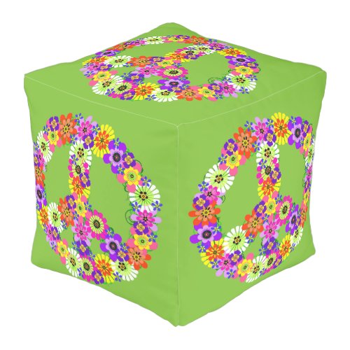 Peace Sign Floral on Lime Green Outdoor Pouf