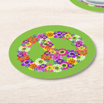 Peace Sign Floral On Lime Green Round Paper Coaster by Mistflower at Zazzle