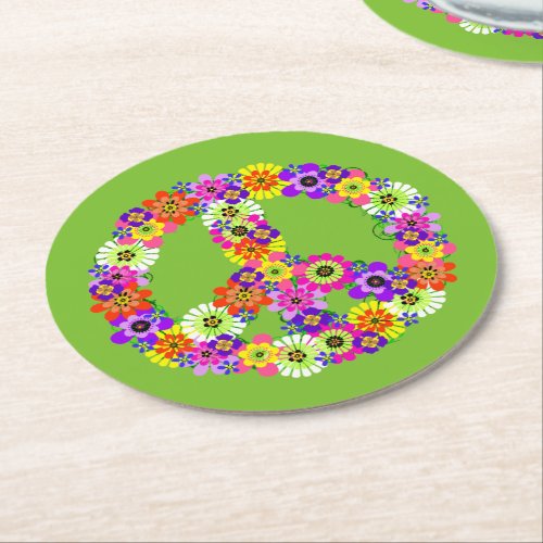 Peace Sign Floral on Lime Green Round Paper Coaster