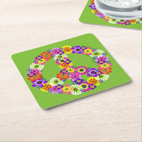 Peace Sign Floral on Lime Green Square Paper Coaster