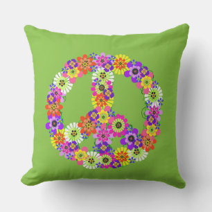 Peace Sign Floral on Lime Green Throw Pillow